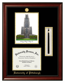 University of Pittsburgh Double Opening with Campus Image & Tassel Box (Stacked) Frame in Avalon Mahogany with Black & Gold Mats for DOCUMENT: 8 1/2"H X 11"W  