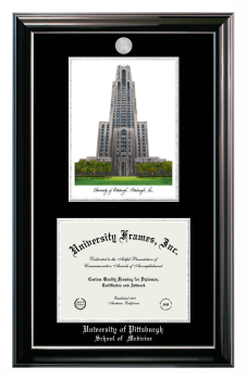 University of Pittsburgh School of  Medicine Double Opening with Campus Image (Stacked) Frame in Classic Ebony with Silver Trim with Black & Silver Mats for document: 8 1/2"h x 11"w  