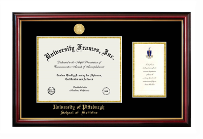 University of Pittsburgh School of  Medicine Diploma with Announcement Frame in Petite Mahogany with Gold Trim with Black & Gold Mats for document: 8 1/2"h x 11"w  , diploma: 7"h x 4"w  