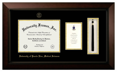 University of Puerto Rico-Medical Sciences Diploma with Announcement & Tassel Box Frame in Legacy Black Cherry with Black & Gold Mats for document: 8 1/2"h x 11"w  , diploma: 7"h x 4"w  