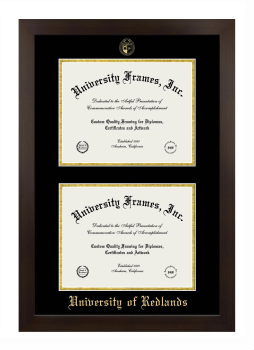 University of Redlands Double Degree (Stacked) Frame in Manhattan Espresso with Black & Gold Mats for document: 8 1/2"h x 11"w  , document: 8 1/2"h x 11"w  