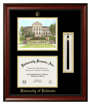 University of Redlands Double Opening with Campus Image & Tassel Box (Stacked) Frame in Avalon Mahogany with Black & Gold Mats for document: 8 1/2"h x 11"w  