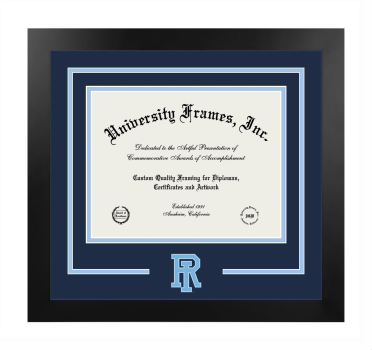 University of Rhode Island Logo Mat Frame in Manhattan Black with Navy Blue & Light Blue Mats for document: 8 1/2"h x 11"w  