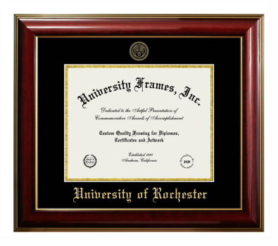 University of Rochester Diploma Frame in Classic Mahogany with Gold Trim with Black & Gold Mats for DOCUMENT: 8 1/2"H X 11"W  