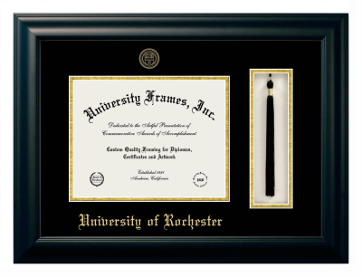University of Rochester Diploma with Tassel Box Frame in Satin Black with Black & Gold Mats for document: 8 1/2"h x 11"w  