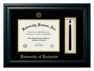 University of Rochester Diploma with Tassel Box Frame in Satin Black with Black & Gold Mats for DOCUMENT: 8 1/2"H X 11"W  