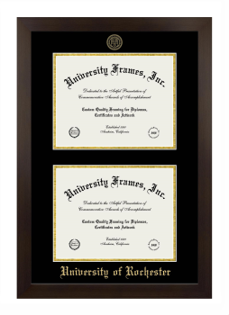 University of Rochester Double Degree (Stacked) Frame in Manhattan Espresso with Black & Gold Mats for document: 8 1/2"h x 11"w  , document: 8 1/2"h x 11"w  