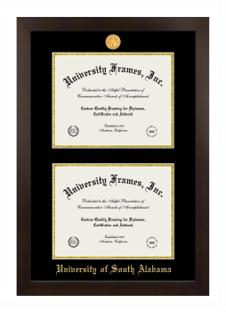 University of South Alabama Double Degree (Stacked) Frame in Manhattan Espresso with Black & Gold Mats for document: 8 1/2"h x 11"w  , document: 8 1/2"h x 11"w  