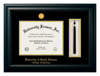 University of South Alabama College of Nursing Diploma with Tassel Box Frame in Satin Black with Black & Gold Mats for document: 8 1/2"h x 11"w  
