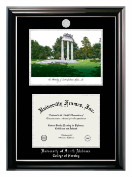 University of South Alabama College of Nursing Double Opening with Campus Image (Stacked) Frame in Classic Ebony with Silver Trim with Black & Silver Mats for document: 8 1/2"h x 11"w  