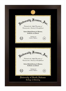 University of South Alabama College of Nursing Double Degree (Stacked) Frame in Manhattan Espresso with Black & Gold Mats for document: 8 1/2"h x 11"w  , document: 8 1/2"h x 11"w  