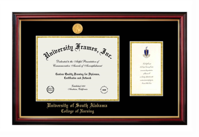 University of South Alabama College of Nursing Diploma with Announcement Frame in Petite Mahogany with Gold Trim with Black & Gold Mats for document: 8 1/2"h x 11"w  , diploma: 7"h x 4"w  