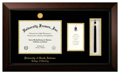 University of South Alabama College of Nursing Diploma with Announcement & Tassel Box Frame in Legacy Black Cherry with Black & Gold Mats for document: 8 1/2"h x 11"w  , diploma: 7"h x 4"w  