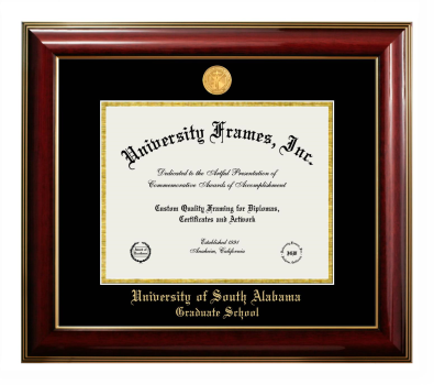 University of South Alabama Graduate School Diploma Frame in Classic Mahogany with Gold Trim with Black & Gold Mats for document: 8 1/2"h x 11"w  