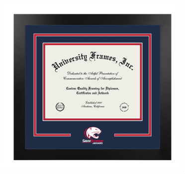 University of South Alabama Graduate School Logo Mat Frame in Manhattan Black with Navy Blue & Red Mats for document: 8 1/2"h x 11"w  