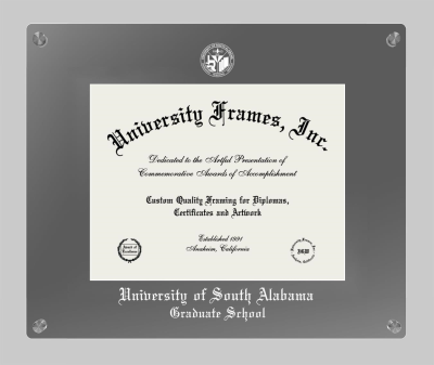 University of South Alabama Graduate School Lucent Clear-over-Smoke Frame in Lucent Smoke Moulding with Lucent Smoke Mat for document: 8 1/2"h x 11"w  