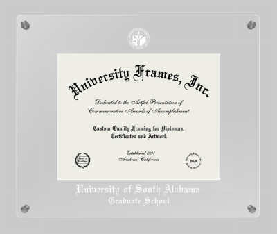 University of South Alabama Graduate School Lucent Clear-over-Clear Frame in Lucent Clear Moulding with Lucent Clear Mat for document: 8 1/2"h x 11"w  