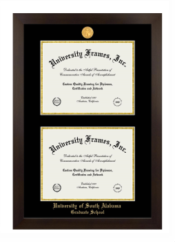 University of South Alabama Graduate School Double Diploma Frame in Manhattan Espresso with Black & Gold Mats for document: 8 1/2"h x 11"w  , document: 8 1/2"h x 11"w  