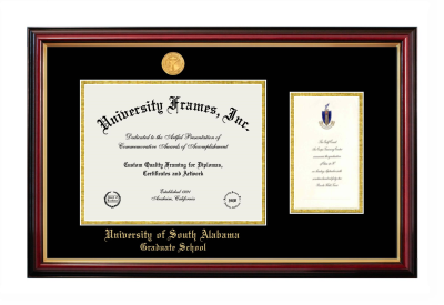 University of South Alabama Graduate School Diploma with Announcement Frame in Petite Mahogany with Gold Trim with Black & Gold Mats for document: 8 1/2"h x 11"w  , diploma: 7"h x 4"w  