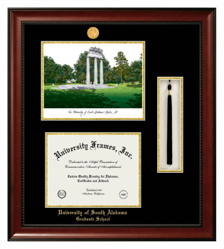 University of South Alabama Graduate School Double Opening with Campus Image & Tassel Box (Stacked) Frame in Avalon Mahogany with Black & Gold Mats for document: 8 1/2"h x 11"w  