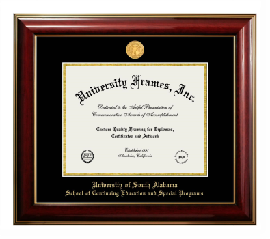 University of South Alabama School of Continuing Education and Special Programs Diploma Frame in Classic Mahogany with Gold Trim with Black & Gold Mats for DOCUMENT: 8 1/2"H X 11"W  
