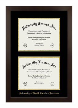 University of South Carolina Lancaster Double Degree (Stacked) Frame in Manhattan Espresso with Black & Gold Mats for DOCUMENT: 8 1/2"H X 11"W  , DOCUMENT: 8 1/2"H X 11"W  