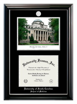 University of South Carolina School of Medicine Double Opening with Campus Image (Stacked) Frame in Classic Ebony with Silver Trim with Black & Silver Mats for DOCUMENT: 8 1/2"H X 11"W  