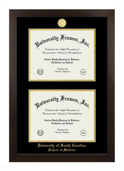 University of South Carolina School of Medicine Double Degree (Stacked) Frame in Manhattan Espresso with Black & Gold Mats for DOCUMENT: 8 1/2"H X 11"W  , DOCUMENT: 8 1/2"H X 11"W  