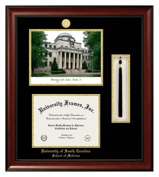University of South Carolina School of Medicine Double Opening with Campus Image & Tassel Box (Stacked) Frame in Avalon Mahogany with Black & Gold Mats for DOCUMENT: 8 1/2"H X 11"W  