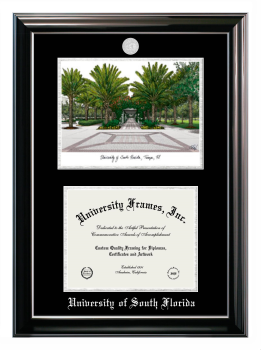 University of South Florida Double Opening with Campus Image (Stacked) Frame in Classic Ebony with Silver Trim with Black & Silver Mats for DOCUMENT: 8 1/2"H X 11"W  