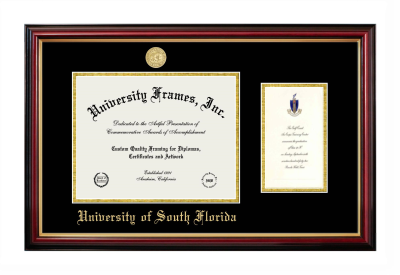 University of South Florida Diploma with Announcement Frame in Petite Mahogany with Gold Trim with Black & Gold Mats for DOCUMENT: 8 1/2"H X 11"W  ,  7"H X 4"W  