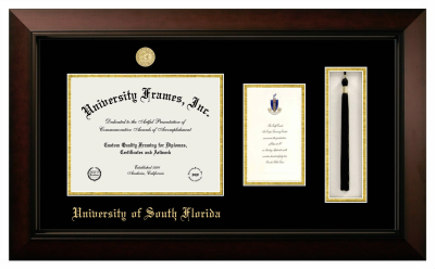 University of South Florida Diploma with Announcement & Tassel Box Frame in Legacy Black Cherry with Black & Gold Mats for DOCUMENT: 8 1/2"H X 11"W  ,  7"H X 4"W  