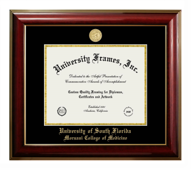 University of South Florida Morsani College of Medicine Diploma Frame in Classic Mahogany with Gold Trim with Black & Gold Mats for document: 8 1/2"h x 11"w  