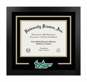 University of South Florida Morsani College of Medicine Logo Mat Frame in Manhattan Black with Black & Tan Mats for DOCUMENT: 8 1/2"H X 11"W  