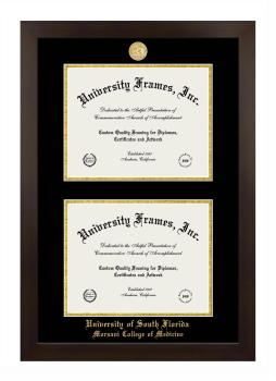 University of South Florida Morsani College of Medicine Double Degree (Stacked) Frame in Manhattan Espresso with Black & Gold Mats for document: 8 1/2"h x 11"w  , document: 8 1/2"h x 11"w  