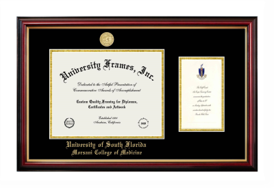 University of South Florida Morsani College of Medicine Diploma with Announcement Frame in Petite Mahogany with Gold Trim with Black & Gold Mats for document: 8 1/2"h x 11"w  , diploma: 7"h x 4"w  