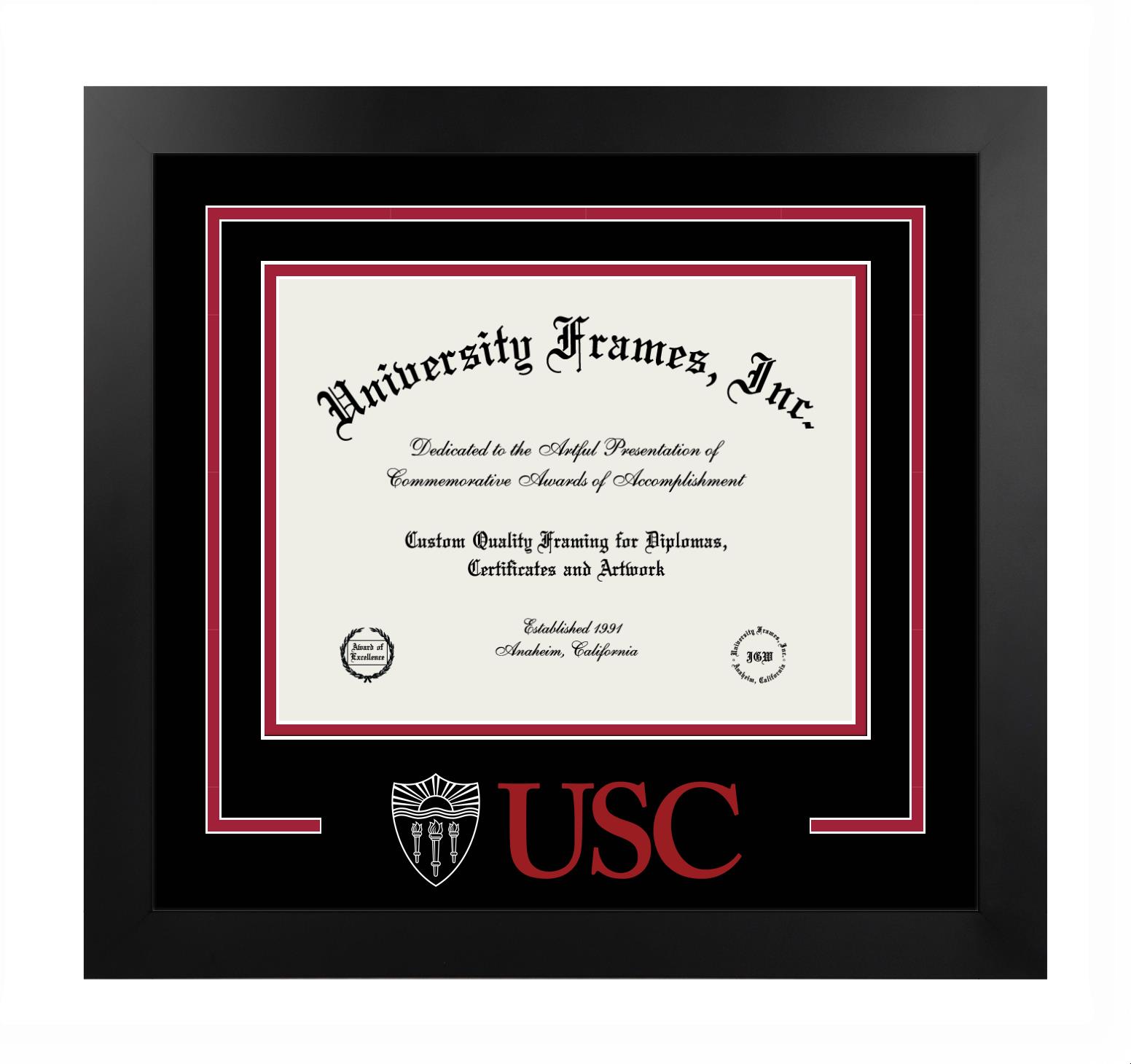 University of Southern California University of Southern California Logo Mat Frame in Manhattan Black with Black & Crimson Mats for DOCUMENT: 8 1/2"H X 11"W  