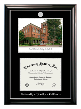 University of Southern California Double Opening with Campus Image (Stacked) Frame in Classic Ebony with Silver Trim with Black & Silver Mats for DOCUMENT: 8 1/2"H X 11"W  