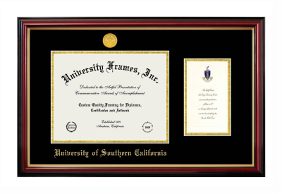 University of Southern California Diploma with Announcement Frame in Petite Mahogany with Gold Trim with Black & Gold Mats for DOCUMENT: 8 1/2"H X 11"W  ,  7"H X 4"W  