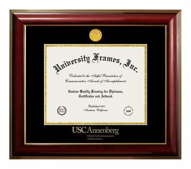 University of Southern California Annenberg School for Communication and Journalism Diploma Frame in Classic Mahogany with Gold Trim with Black & Gold Mats for DOCUMENT: 8 1/2"H X 11"W  