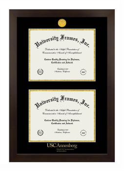University of Southern California Annenberg School for Communication and Journalism Double Degree (Stacked) Frame in Manhattan Espresso with Black & Gold Mats for document: 8 1/2"h x 11"w  , document: 8 1/2"h x 11"w  