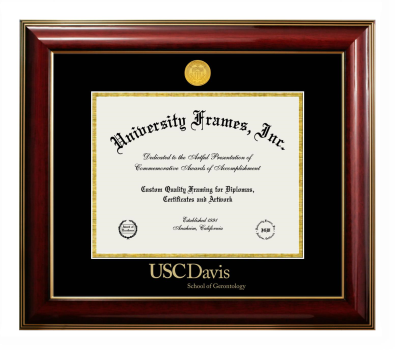 University of Southern California Davis School of Gerontology Diploma Frame in Classic Mahogany with Gold Trim with Black & Gold Mats for DOCUMENT: 8 1/2"H X 11"W  