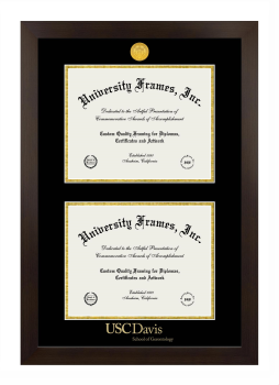 University of Southern California Davis School of Gerontology Double Degree (Stacked) Frame in Manhattan Espresso with Black & Gold Mats for document: 8 1/2"h x 11"w  , document: 8 1/2"h x 11"w  