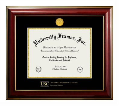 University of Southern California Department of Linguistics Diploma Frame in Classic Mahogany with Gold Trim with Black & Gold Mats for DOCUMENT: 8 1/2"H X 11"W  