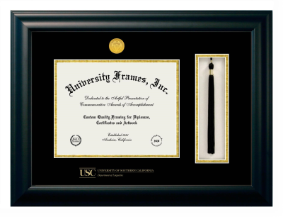 University of Southern California Department of Linguistics Diploma with Tassel Box Frame in Satin Black with Black & Gold Mats for DOCUMENT: 8 1/2"H X 11"W  