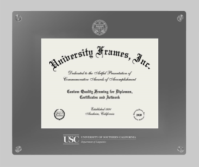 University of Southern California Department of Linguistics Lucent Clear-over-Smoke Frame in Lucent Smoke Moulding with Lucent Smoke Mat for document: 8 1/2"h x 11"w  