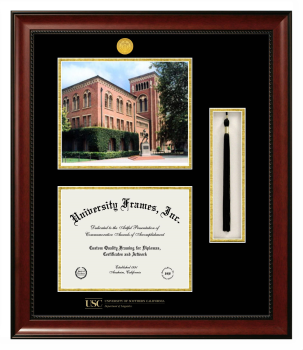 University of Southern California Department of Linguistics Double Opening with Campus Image & Tassel Box (Stacked) Frame in Avalon Mahogany with Black & Gold Mats for document: 8 1/2"h x 11"w  