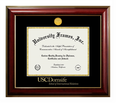 University of Southern California Dornsife School of International Relations Diploma Frame in Classic Mahogany with Gold Trim with Black & Gold Mats for DOCUMENT: 8 1/2"H X 11"W  