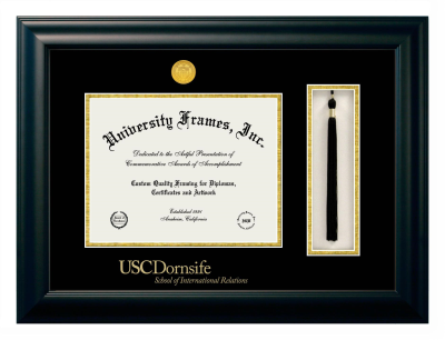 University of Southern California Dornsife School of International Relations Diploma with Tassel Box Frame in Satin Black with Black & Gold Mats for DOCUMENT: 8 1/2"H X 11"W  