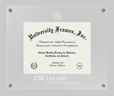 University of Southern California Dornsife School of International Relations Lucent Clear-over-Clear Frame in Lucent Clear Moulding with Lucent Clear Mat for document: 8 1/2"h x 11"w  